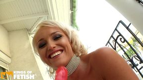 three blonde girls fuck their tight holes with toys outdoor
