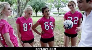 Petite Teen and Hot Friend Give Two Soccer Guys a Blowjob Party