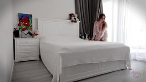 Stepmom Tidies the Bedroom. in Her Sheer White Robe