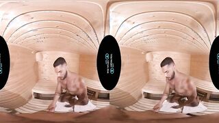 Experience virtual reality with a hot sauna session with a hot dude and his hard cock