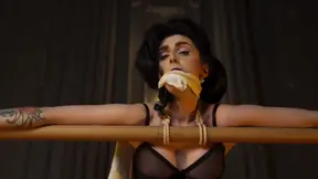 Tattooed baddie roped to ballet barre in sheer black lingerie begs for rough fetish play