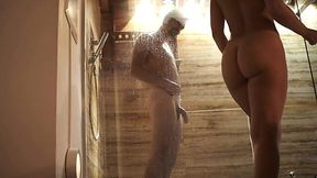 Juicy chick joins in to get nailed in shower