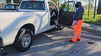 The street cleaner let me clean his cock with my mouth publicly in car - cum in mouth, cum swallow, bust a nut, jerking off, big cum load, fat pussy, massive ass