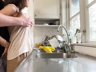 Sexually excited wife gets screwed in the kitchen during the time that doing the dishes