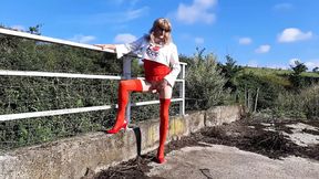 Crossdressed Slut in Red Lingerie and PVC Drinking Piss and Posing