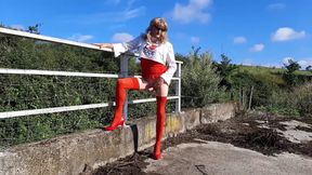 Crossdressed Slut in Red Lingerie and PVC Drinking Piss and Posing