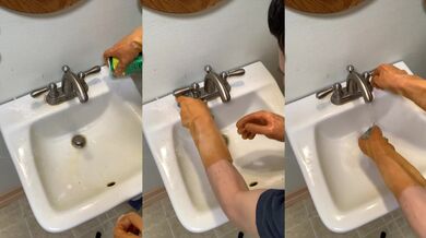 Her husband scrubs the sink till her pussy drips