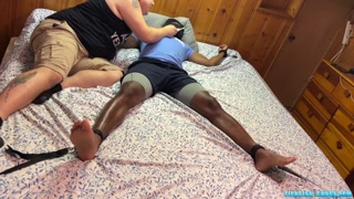 Bound black jock Elijah tickled on feet by chubby dom Matt