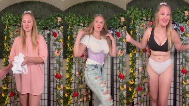 Blonde milf gets naked in jeans bodysuit try on haul
