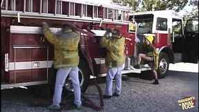 Blazing hot studs got down and dirty on their fire engine after finishing the job