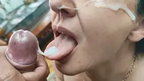 Stepmom Housewife Blowjob with Cum in Mouth to help his Stepson to release tension before his date