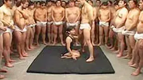 Wild Asian gang bang leaves the babe with a mouthful of jizz