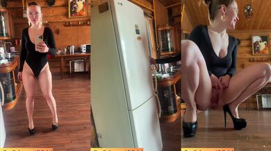 A MILF in high heels powerfully squirted all over the floor.