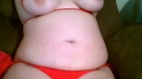 White BBW model lady topless in red lingerie on webcam