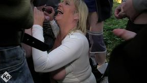 horny blonde huge tits gilf wife alisha rhydes loves to go dogging to suck off lots of strangers cocks and get her tits covered in cum