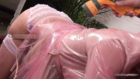 Blonde chick wears a raincoat while getting her cunt smashed
