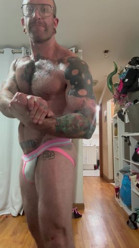 Inked Muscle Guy Flexing in Jockstrap