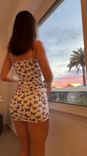 Skirt chaser POV of a sexy girl's skirt going up as the sun sets, she loves gett