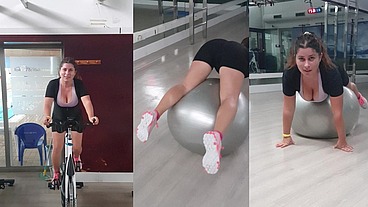 Hot Teen with Big Tits and Perfect Ass in the Gym warming up for Sex in Doggy. Huge Cum on Asshole