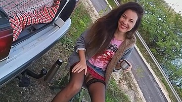 Sexy Hairy Milf Pisses On The Roadside And Fucks The Trailer Hitch