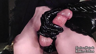 Sloppy Wet Handjob: Black PVC Gloves Cock Milking