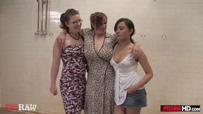 Big tit redhead Bella pissed on by her two girlfriends
