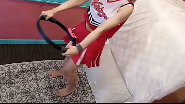 Cute married woman in a cheerleader outfit gets caught on camera while