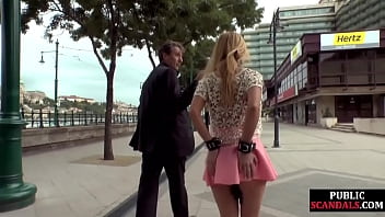Leashed public slut spitroasted in crowded pub
