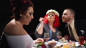 ”Two heavy mistresses anal fucking man”