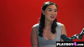 Petite Asian chick Kimmy Kimm jerks off hard and shows off her round ass