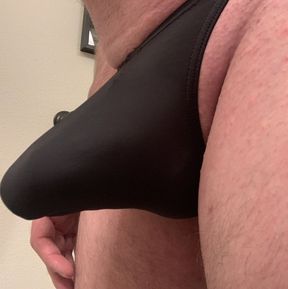 Sissy jerking in black G String and cock ring