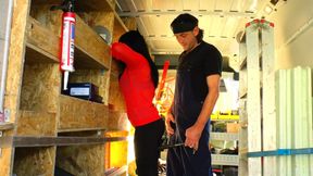 Mature sexy woman with huge tits fucks young handyman in a service van
