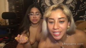 Two college girls lick each other and get fucked in 3some live