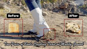 Two Pairs of Boots Crushing Toast on Muddy Ground