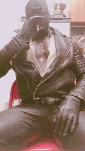 Masked Leather Attired Nipple Play Bloated Belly Smoke