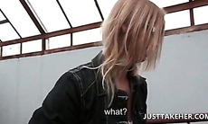 Round ass blonde sucking fat cock in public