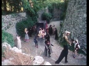 Excellent blonde princess blows king's cock on the wall in the castle