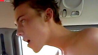 Threeway twinks spitroast ass fuck in a moving car