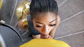 Thai brunette blows random guy POV at busy public train station