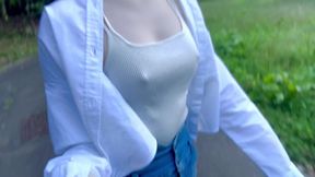 Japanese no bra stroll, E cup petite walk in public