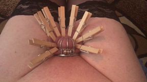 Sissy self torture using wax and cloth pegs