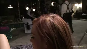 While other partygoers watch the blonde enjoys having her big ass spanked during doggy style