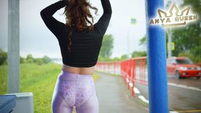 54- I'm waiting for my lover outdoors in semi-sheer leggings and my panties are showing. *FHD 60fps