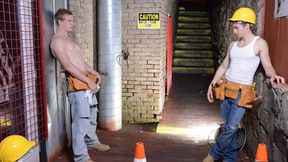 Two well-hung hardhats fuck on the steps