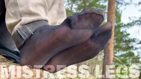 Feet Teasing At The Forest In Torned And Sweaty Black Nylon Socks (MOV HD)