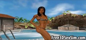 Sexy 3D ebony hottie getting fingered by the pool