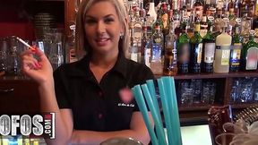 Slim blonde barmaid Rihanna pounded behind the bar