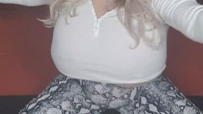 CupKCindy is doing some exercises fully clothed with t a tight white shirt she's going on her knees turns left and dried up and down see her doing her exercise is enjoy her big fat tits tit worship