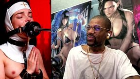 petite nun praying while a huge black dildo machine stuffs her mouth, ai generated