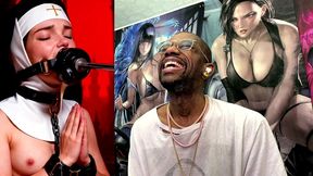 petite nun praying while a huge black dildo machine stuffs her mouth, ai generated